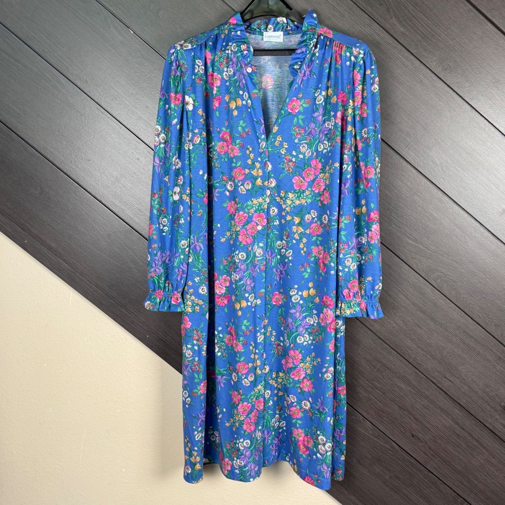 Lorraine Women's Large Vintage Floral Midi Dress Blue Snap Front USA Made